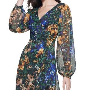 GUESS Women's Maxi High-Low Blouson-Sleeve Chiffon Dress Sz12  Black Floral